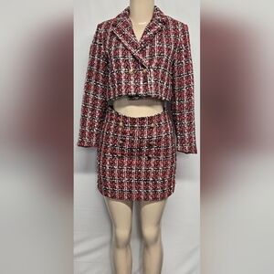 Shein S 4 Skirt Suit Plaid Textured Tweed  Red Black White Lined Cropped